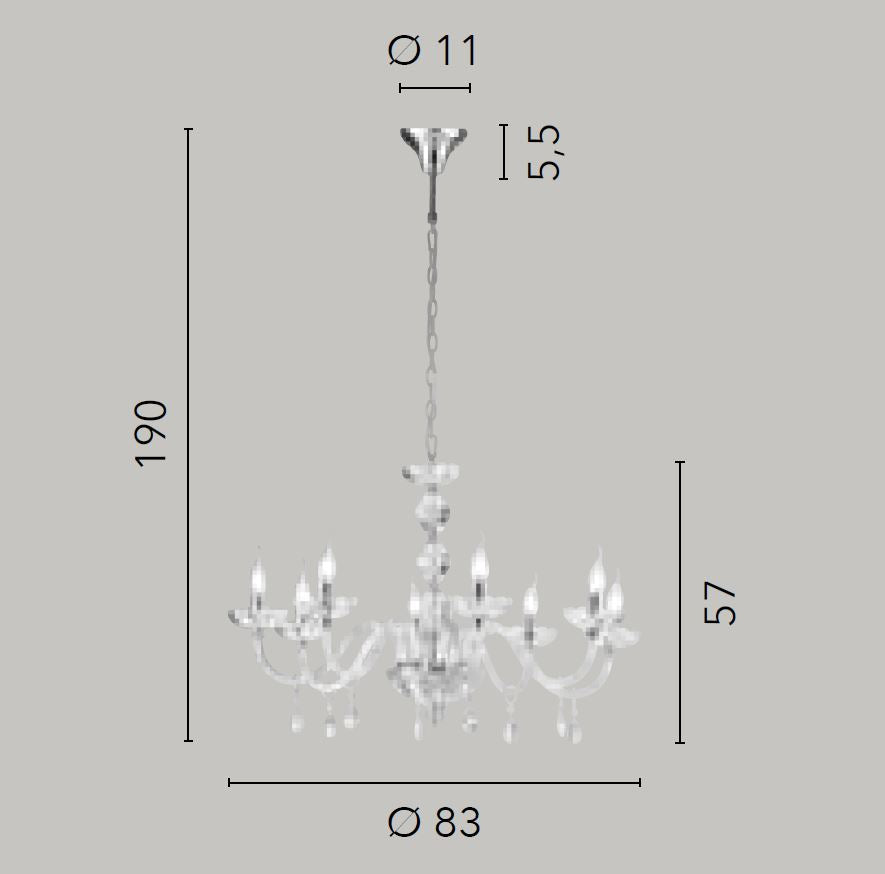 Sospensione 8 luci in cristallo finitura cromo 8XE14 non incl. RIFLESSO Sospensione 8 luci in cristallo finitura cromo 8XE14 non incl. RIFLESSO